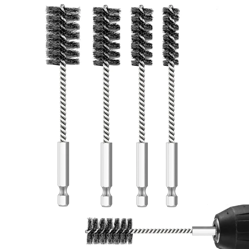 A27F-4 Pieces Bore Brush In Different Sizes Twisted Wire Cleaning Brush With Handle 1/4 Inch Hex Shank For Power Drill Impact Dr