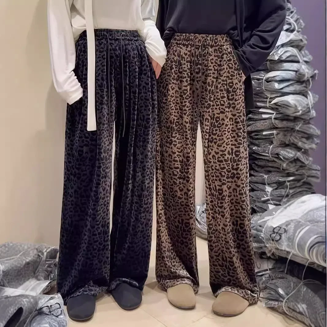 New 2024 Autumn/Winter Leopard Slips Korean Style Silk Velvet Casual Loose-Fit Slimming Trousers Fashionable Long Pants