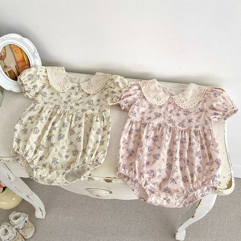 2024 New Summer 0-24M Children Clothes Infant Baby Girls Bodysuits Short Sleeved Cotton Print Toddler Baby Girls Jumpsuit