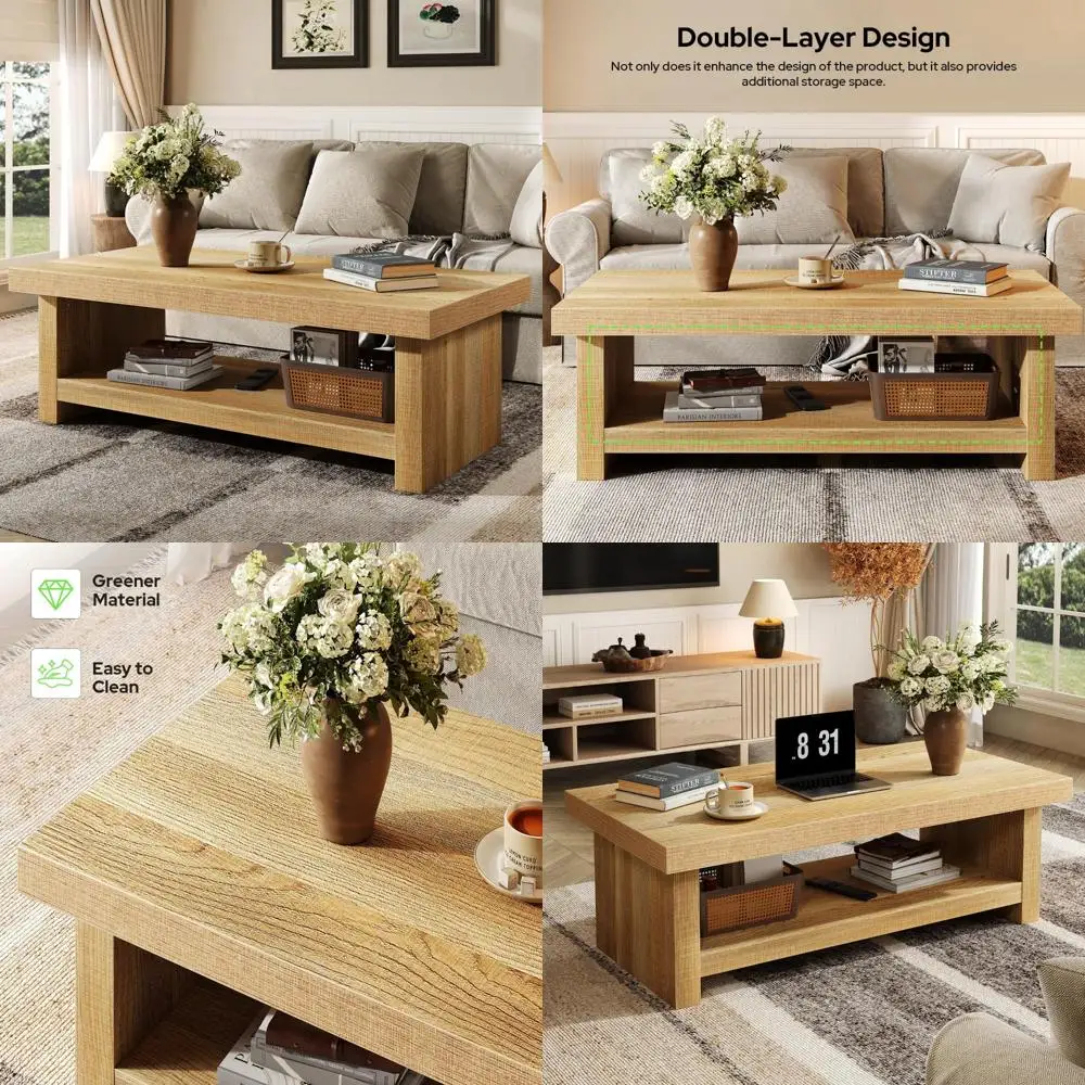 

47-дюймовый прямоугольный деревянный журнальный столик в стиле фермерского дома для гостиной, низкая высота с толстым основанием