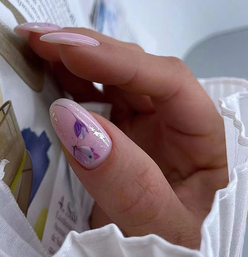 3d Nail Art Decals Watercolor Purple Buds Flowers Fruits Butterflys Adhesive Sliders Nail Stickers Decoration For Manicure
