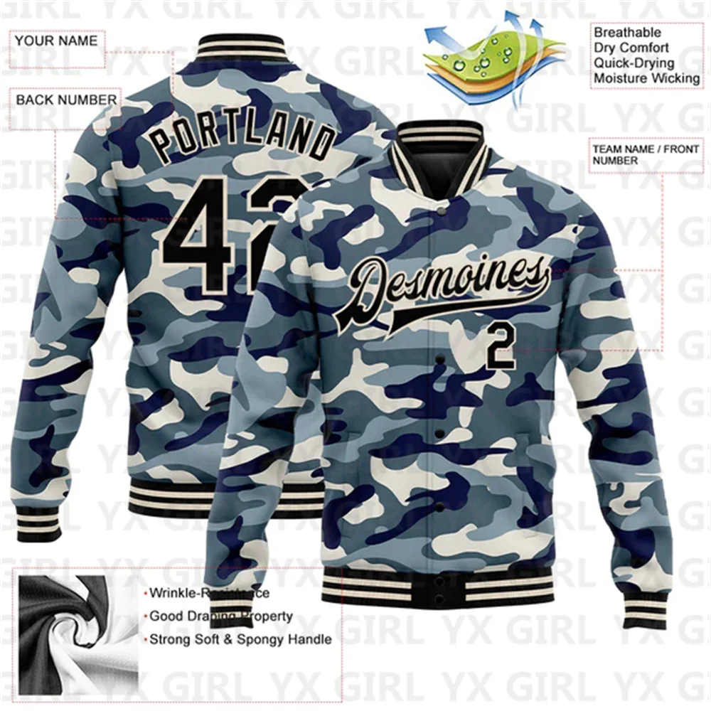 Custom Camo Black-OR Ocean Camouflage Bomber Full-Snap Varsity Letterman Salute To Service Jacket 3D Baseball Button Jacket