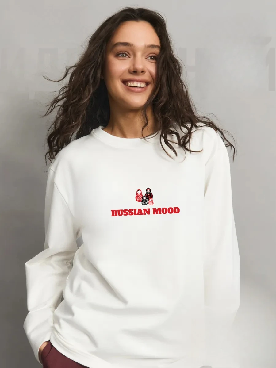Spring Autumn Women's 100% Cotton Long Sleeve T Shirt Cute Nesting Doll Red Letter Front Print Loose Fit Casual Daily Wear Top