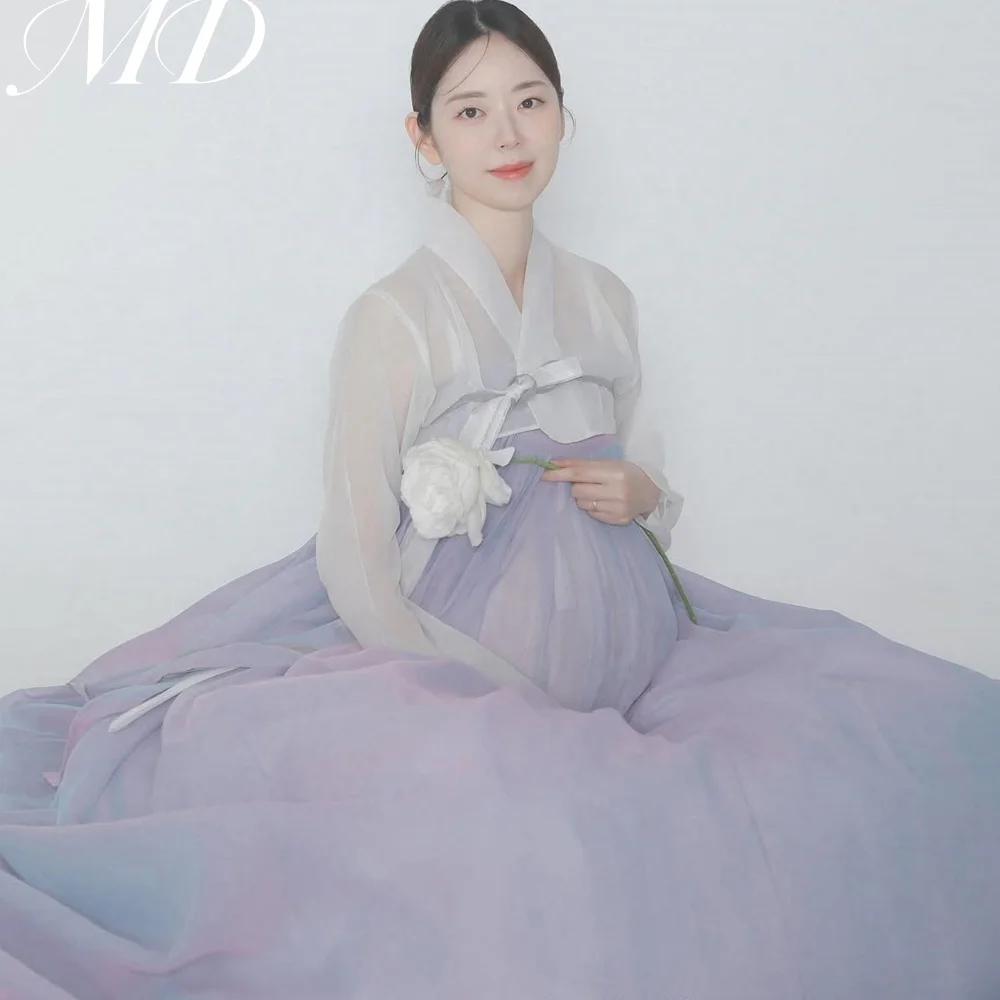MD Modern Purple V-Neck A Line Hanbok Long Sleeves Wedding Dresses Korea PhotoShoot Bridal Gowns Customised Formal Party Dress