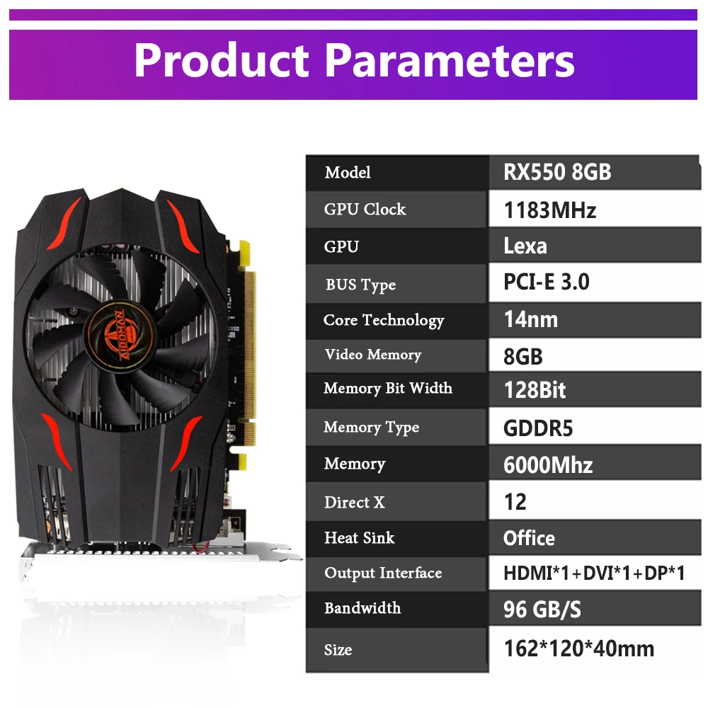 بطاقة رسومات الألعاب AIBOMAN AMD Radeon RX550 8GB GDDR5 128Bit PCl Express 2.0 X16 مناسبة لتجميع الكمبيوتر المكتبي