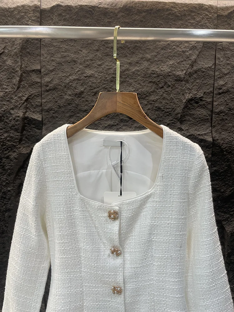 Vestido branco de penas de borla feminino, manga comprida, peito único, gola quadrada, elegante, mini robe, outono, 2024