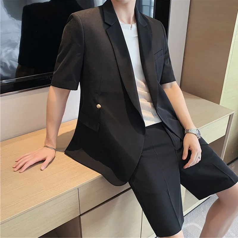 Summer Men Suit Short Sleeve Jacket Stretch Waist Shorts Korean Style Thin Straight Handsome Clothing Fashion Set Black White