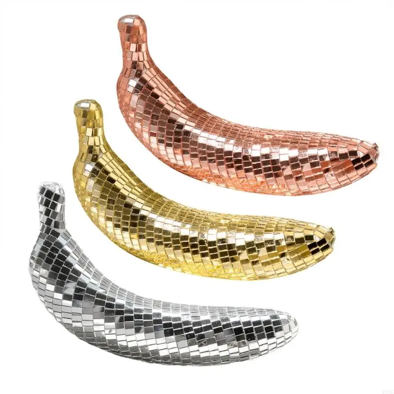 

R9JC Banana Statue Mirrored Fruit Figurine Reflective Sparkling Discos Ornament for Festivals Party Celebration Decors