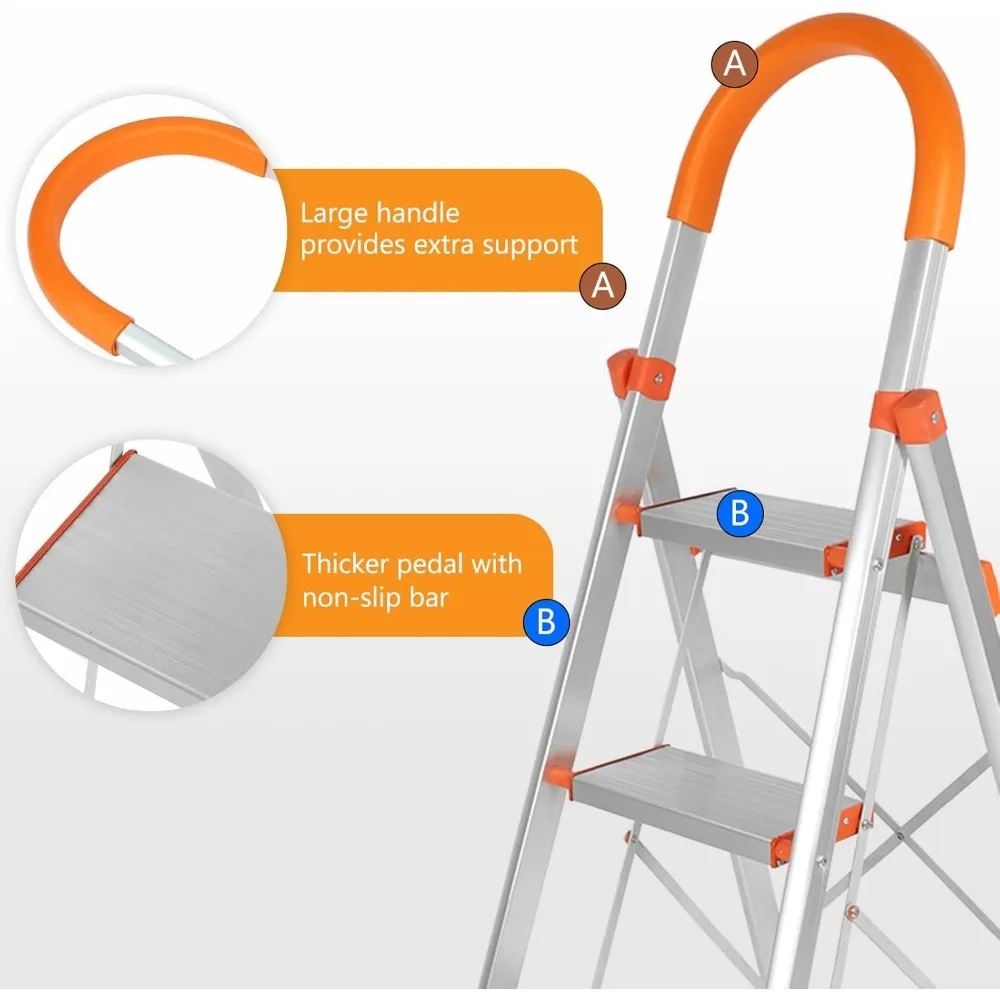سلم محمول قابل للطي من 5 خطوات من الألومنيوم مع درابزين مطاطي غير قابل للانزلاق، مثالي للاستخدام المنزلي والتطبيقات متعددة الأغراض