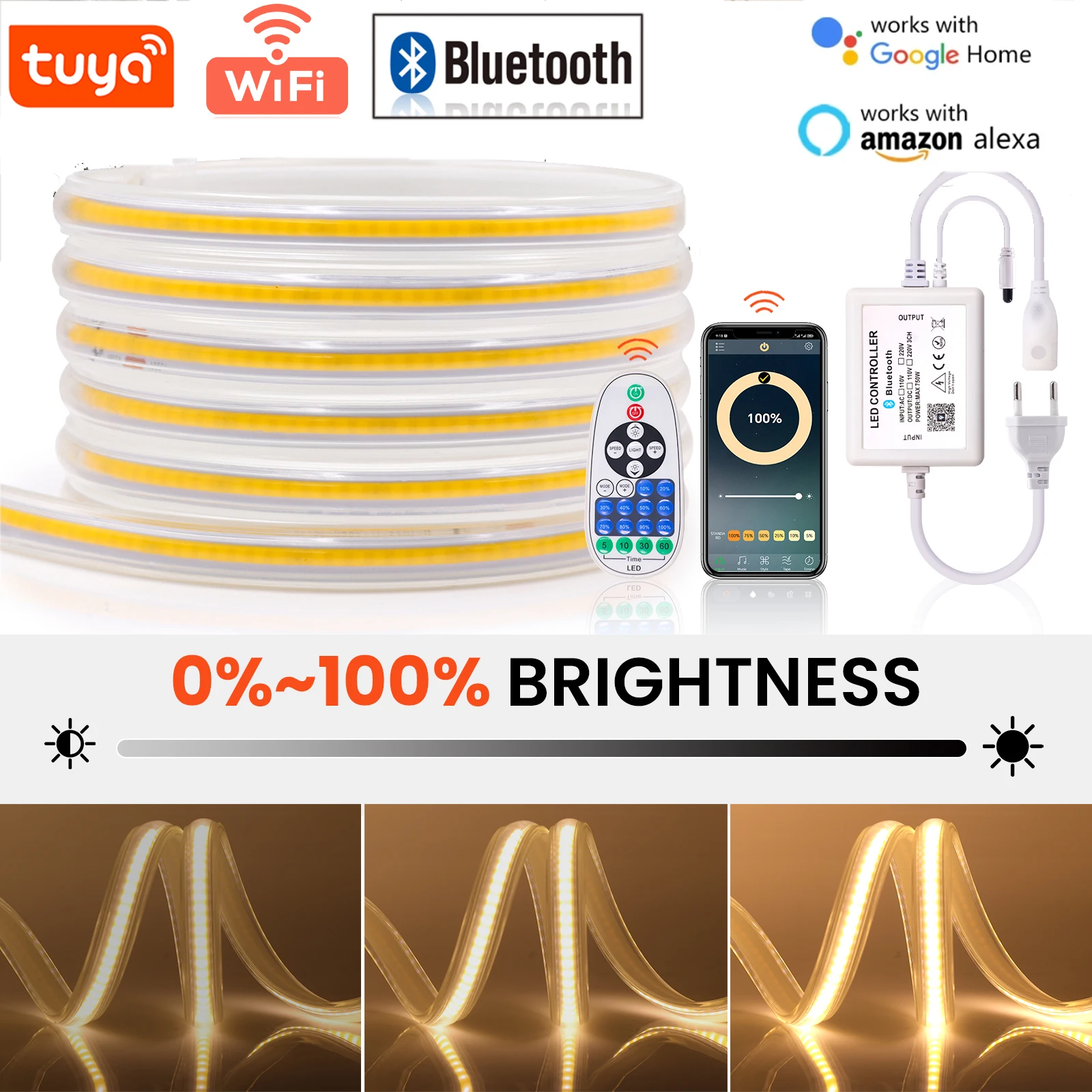 

Tuya WIFI Alexa Control COB Strip AC 220V 240V IP65 Waterproof Bluetooth Dimmerable Flexible Ribbon Stripe Chain Tape LED Light