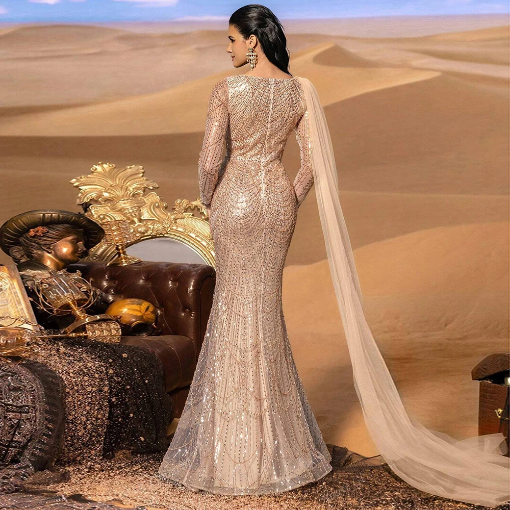 Elegant Rose Gold Muslim Pearls Mermaid Evening Dress Long Formal Gown for Women 2026 Arabia Dubai Prom Party Wedding Customized
