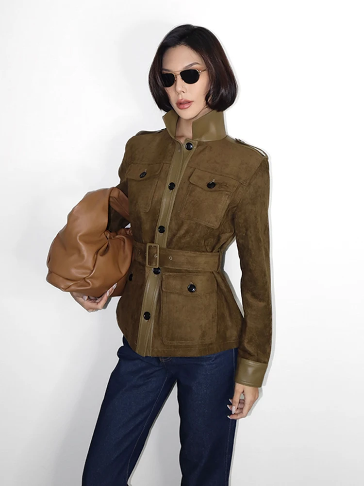 

Жилет VanaLab Heavy Du Fxxd из замши с поясом, коричневый, в стиле рабочей одежды, женский, приталенный, с длинными рукавами, на пуговицах