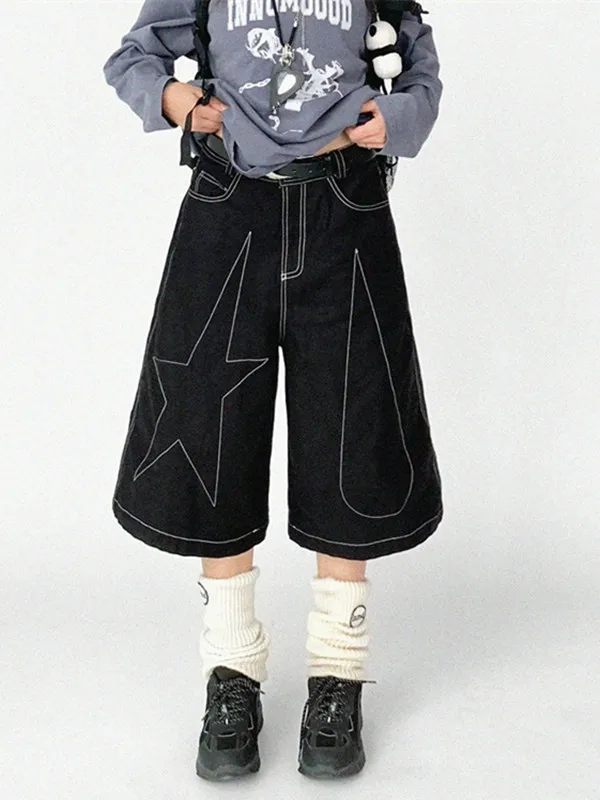 

Y2K Embroidered Seven Point Pants American Retro Contrast Color Line Wide Leg A Line Couple Shorts for Men Women Summer