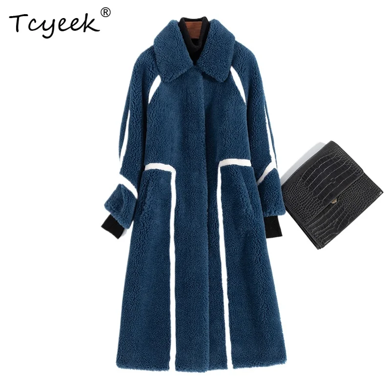 Tcyeek couche supérieure en peau de mouton automne hiver fourrure haut de gamme intégré col carré longueur moyenne femmes manteau de fourrure Fourrures Femme