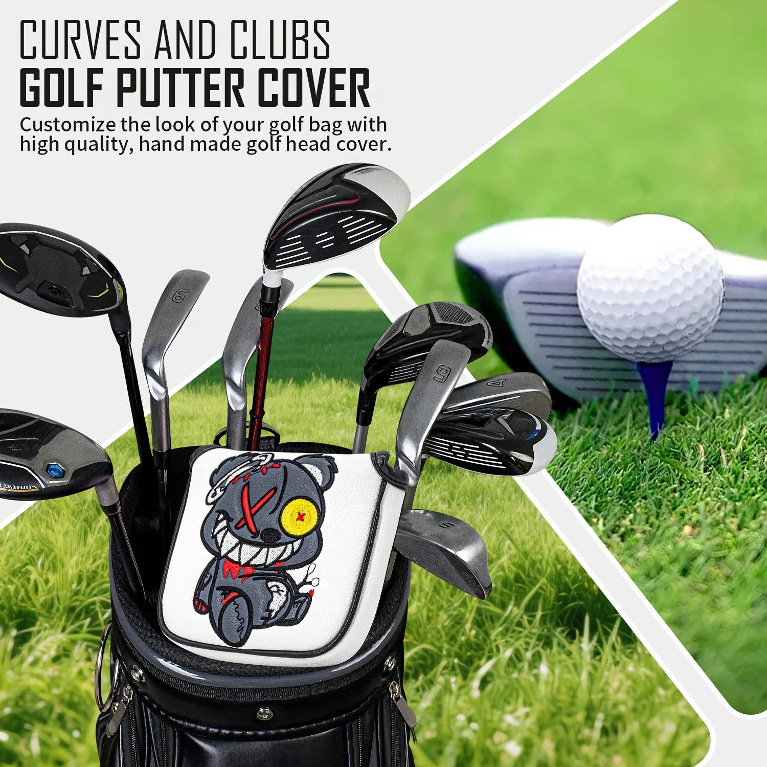 1pc Monocled Bear Design Golf Putter Cover - PU with Advanced Embroidery Suitable for Most Brands, Mallet Head, view 2