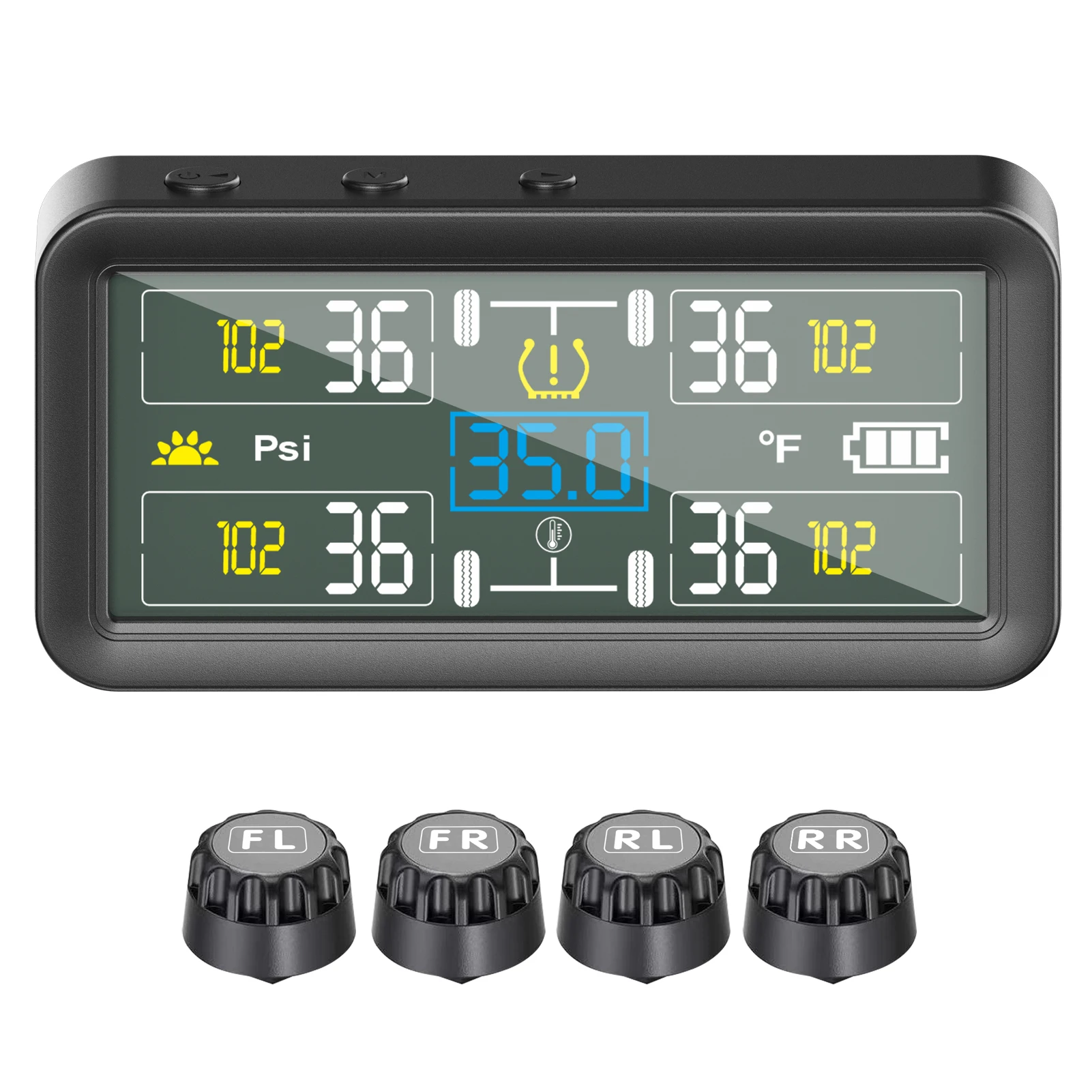 

Tire Pressure Monitor with 4 External Sensors LCD Display Solar and Type-C Charging Temperature for Car SUV Off-Road Vehicle