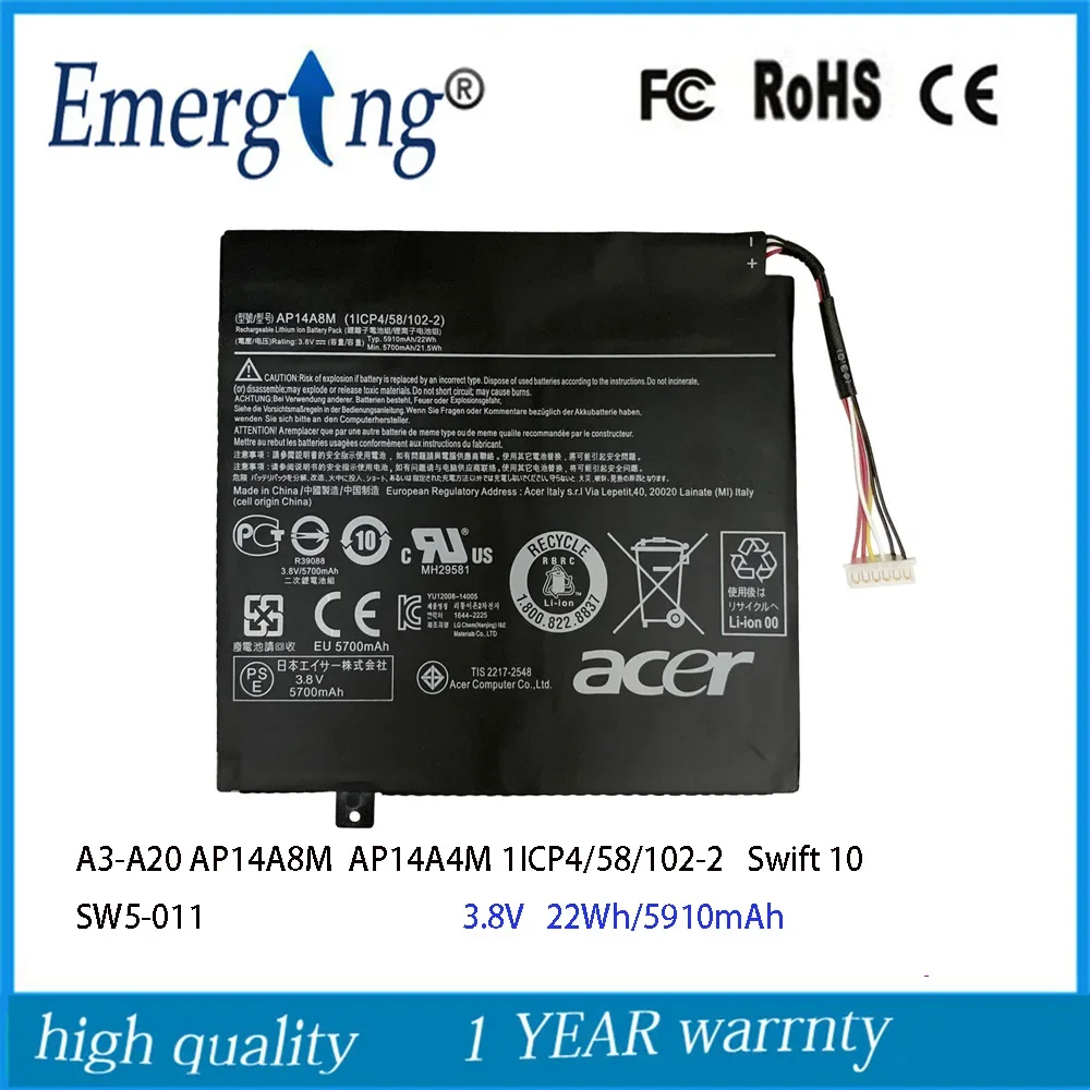 3.8V 22Wh AP14A8M Laptop Battery For Acer Swift 10 SW5-011 Iconia Tab 10 A3-A30 AP14A4M 1ICP4/58/102-2 A3-A20