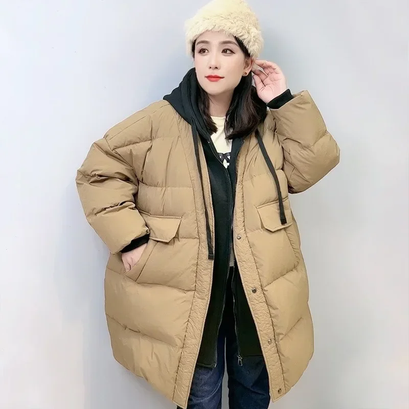 Chaqueta de plumón de talla grande para mujer, 150 kg, larga y gruesa, invierno 20224, plumón de pato blanco nuevo con capucha, dos abrigos falsos,