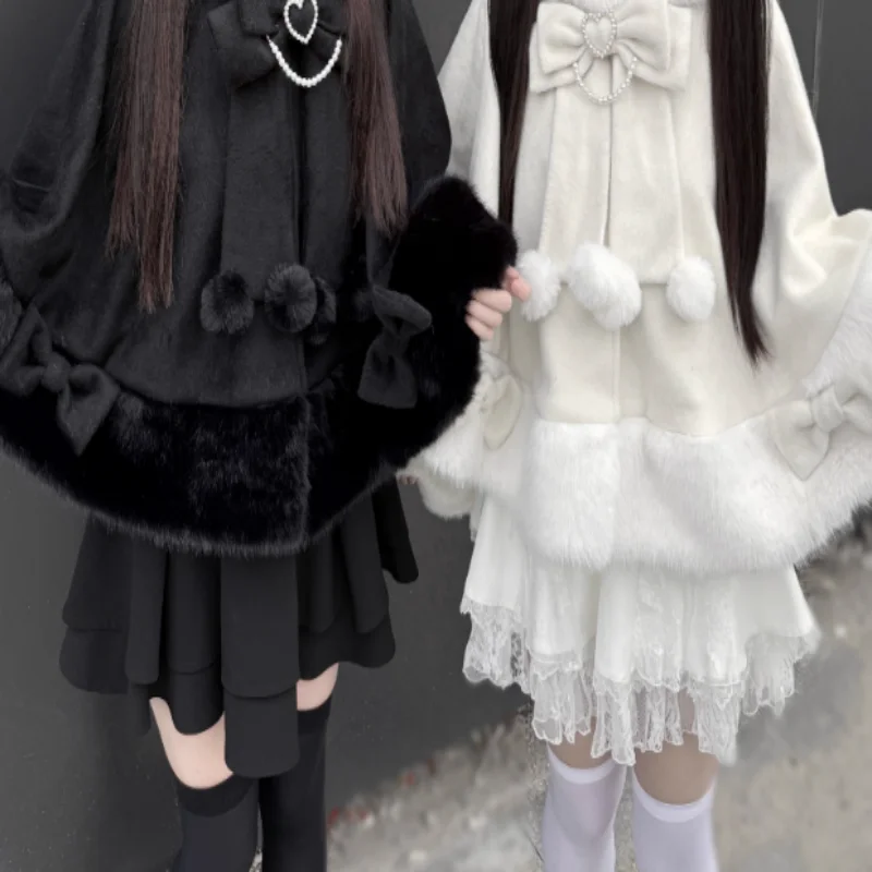 الفتيات الحلو لوليتا الخريف الشتاء مقنعين عباءة اليابانية لطيف القوس الرؤوس العباءات Y2K أفخم الدافئة سترة قصيرة سيسي تأثيري حلي #1