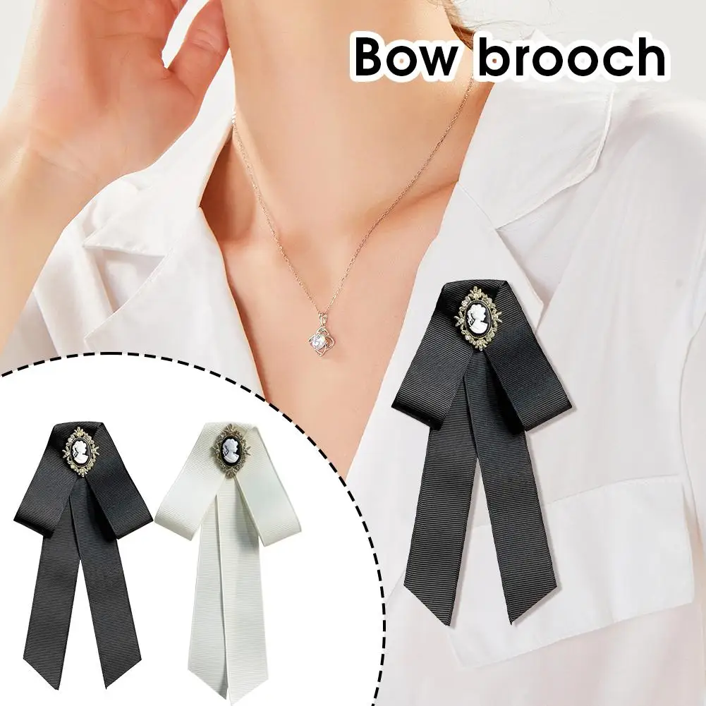 Women New Ribbed Ribbon Beauty Head Bow Brooch British Tie Brooch Pin Pearl Ribbon Shirt Bow Corsage Pins G6J9