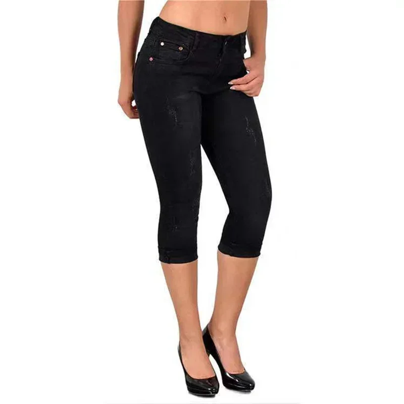 Jeans lápis com comprimento de sete quartos para mulheres, estilo simples, fino, decoração arranhões, calça jeans feminina, casual diária