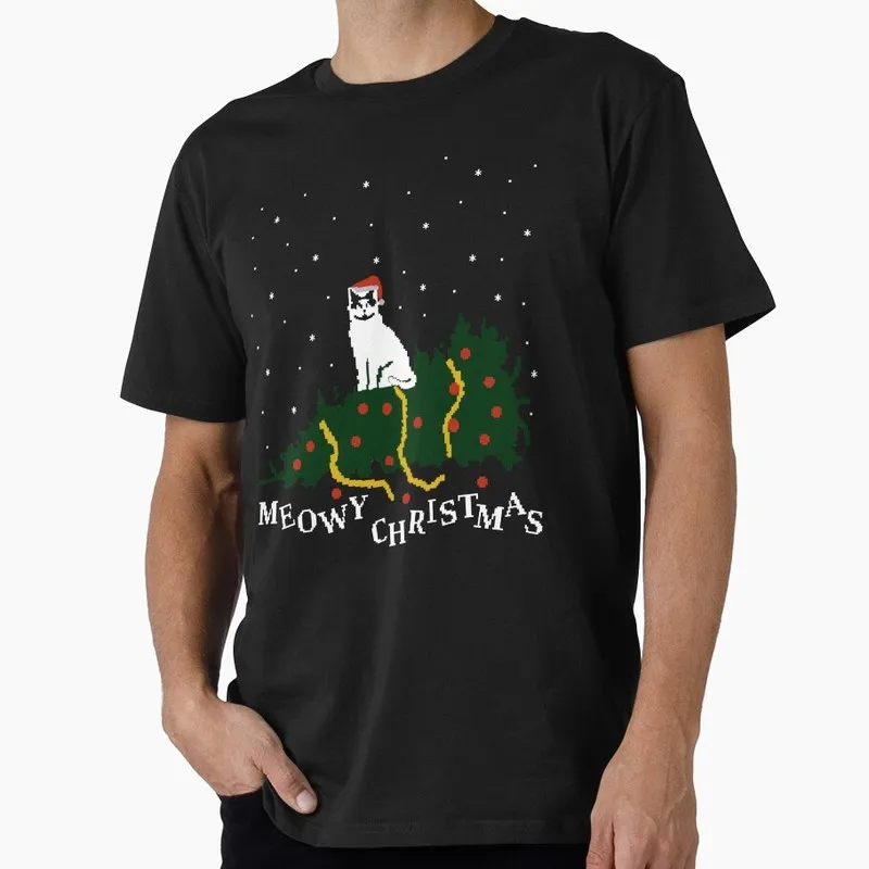 meowy christmas - cat vs. tree Funny Cat Gift T-shirt Short Sleeve Graphic Clothes All Size Tops S-6XL 100% Cotton Unisex Tee