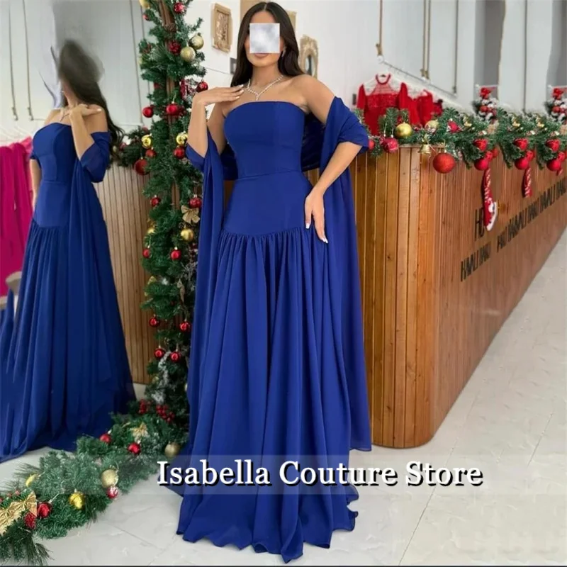 

Royal Blue Evening Dresses Strapless Formal Gown Dress Beach Chiffon Night Dress with Matching Shawl robe de bal Customized