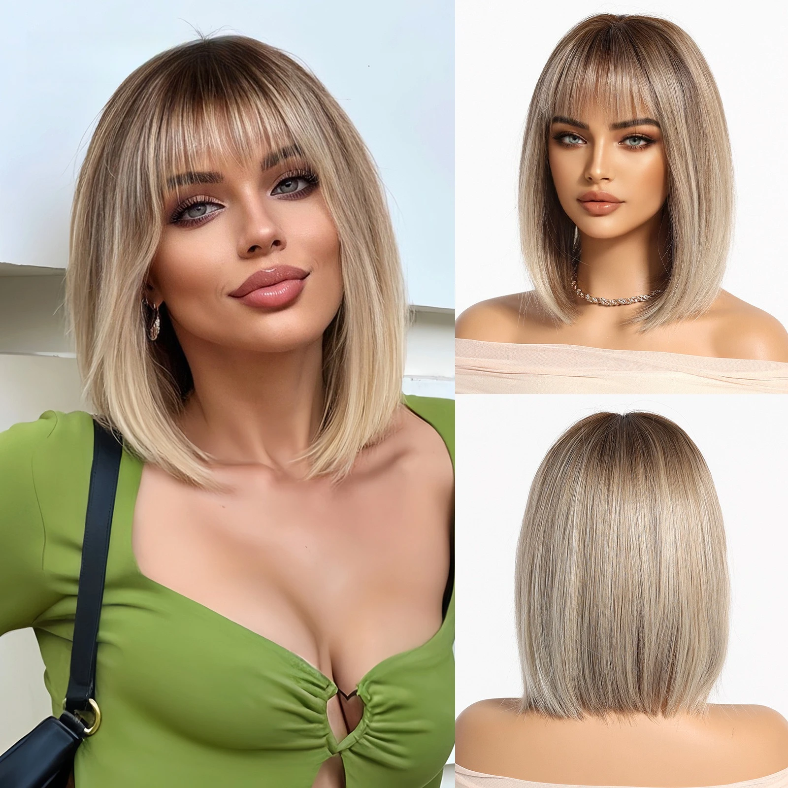 

Spring and Summer Natural Breathable Bangs Gradient Gold Short Straight synthetic Wig Full Hair Style