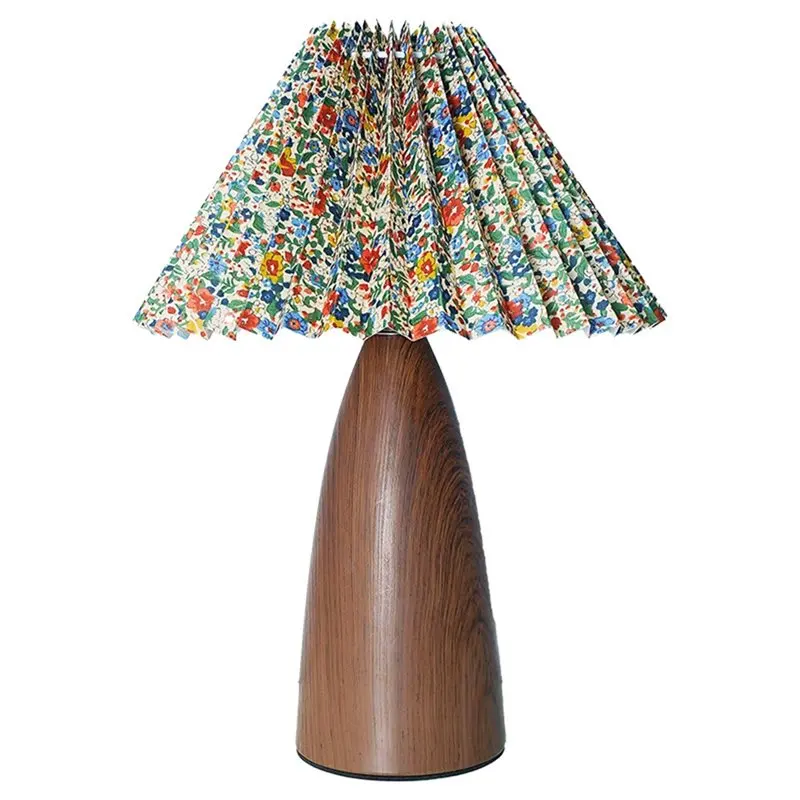 

【VALUE MONEY】Retro Table Lamp Pleated Bedroom Bedside Lamp High End Imitation Wood Grain Decorative Atmosphere Night Light