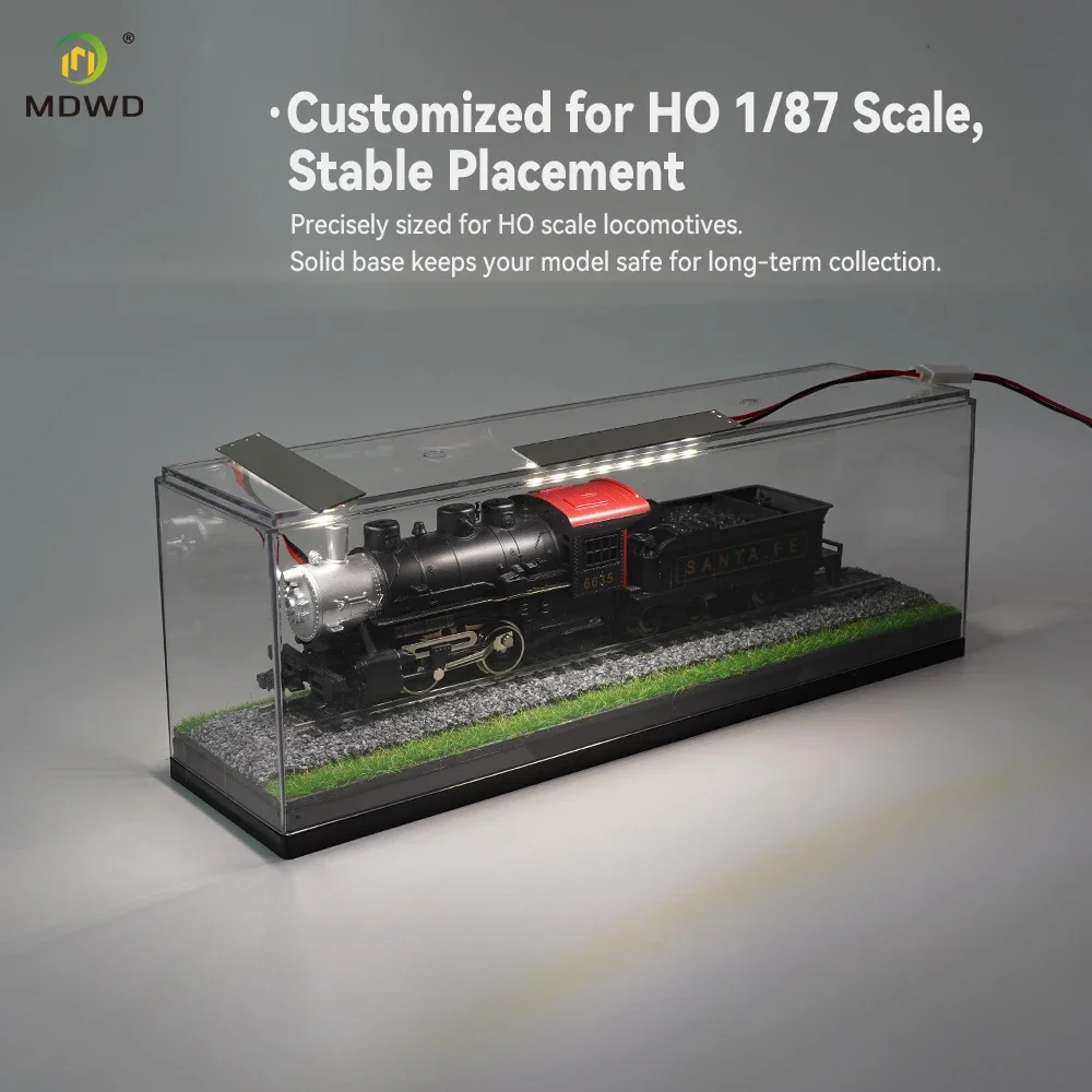 HO Scale 1:87 Train Model Display Case, Clear Acrylic Storage Box with Ballast Grass Track Base for Locomotive Collectible