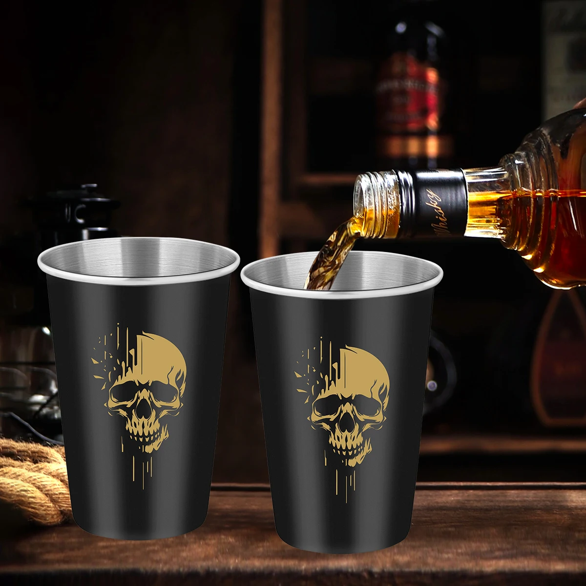 LKKCHER 500ml Pint Glass Skull Pattern 3.25oz Weizen Glass 2pcs/Set Stainless Steel Large Capacity Drinkware for Beer Gifts Set
