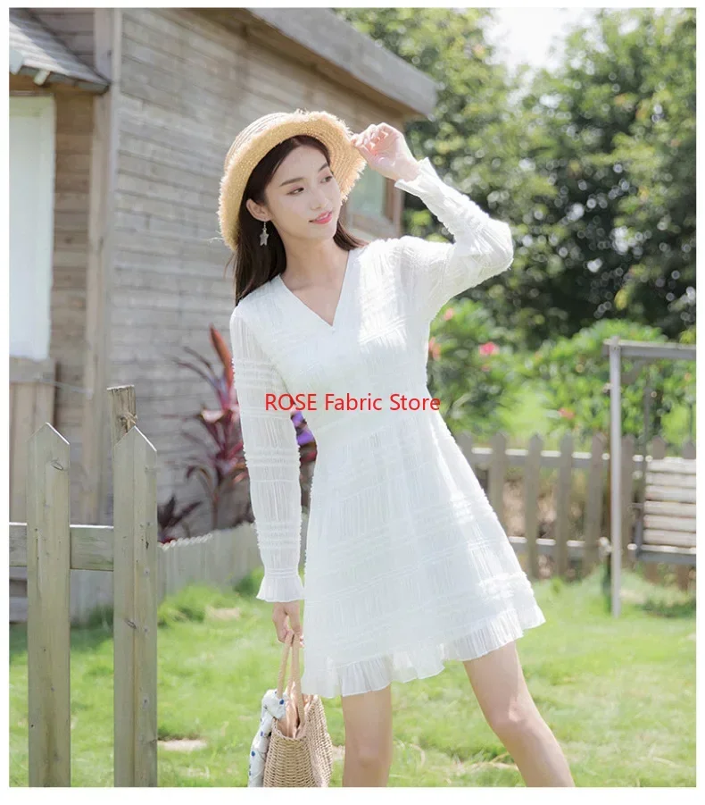 블라우스, 레이스 탑, 봄 드레스, 비치 드레스, 패션쇼용 주름 줄무늬 프릴 스팽글 스트레치 쉬폰 원단