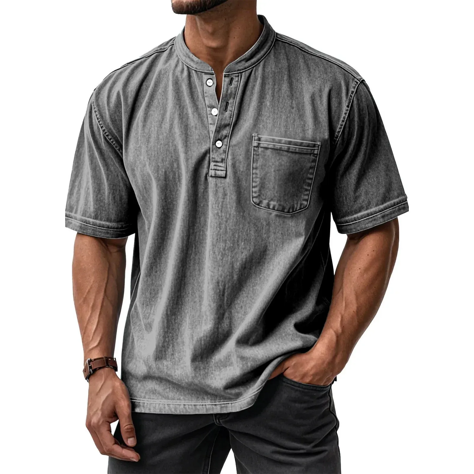 Immagine 3: Camicia Casual a Maniche Corte, Vestibilità Ampia, Stile Casual Leggero e Maturo, con Stampa Estiva, Tasca, Colletto Polo, per Uomo