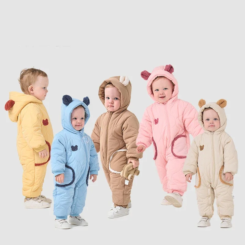 New Winter Baby Clothing Newborn Thick Warm Jumpsuit 0-3Y Boys Fleece Lining Romper Toddler Girls Cute Bear Hooded Outwear