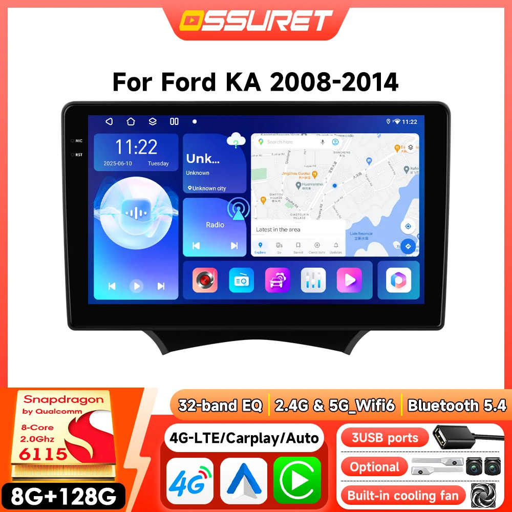 Android Autoradio für Ford KA 2008 - 2014 Auto-Multimedia-Player Kabelloses CarPlay Android Auto GPS 6115 360-Grad-Kamera WIFI 9-Zoll-Bildschirm