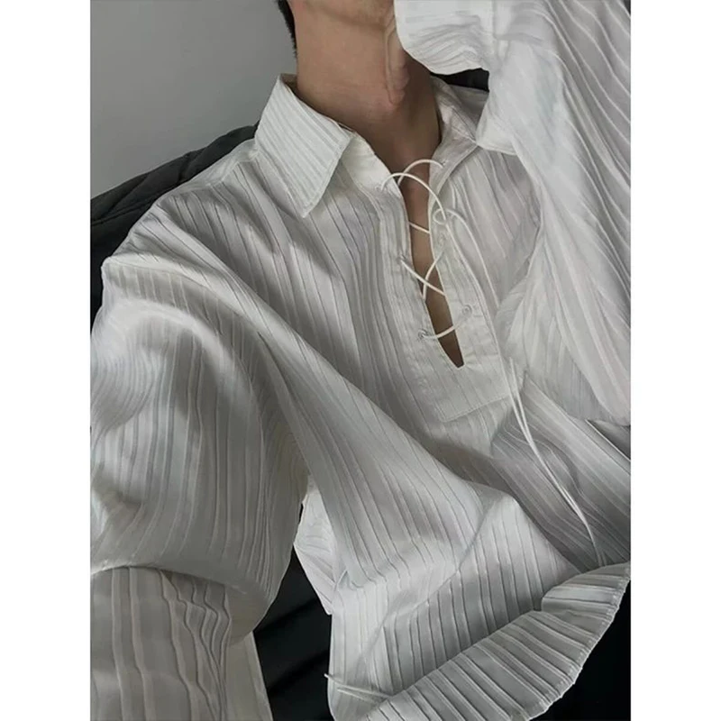Fall Men Drawstring Long Sleeve Shirt French Palace Style Fashion All-match Business Casual Loose Clothes Blouse White Halloween