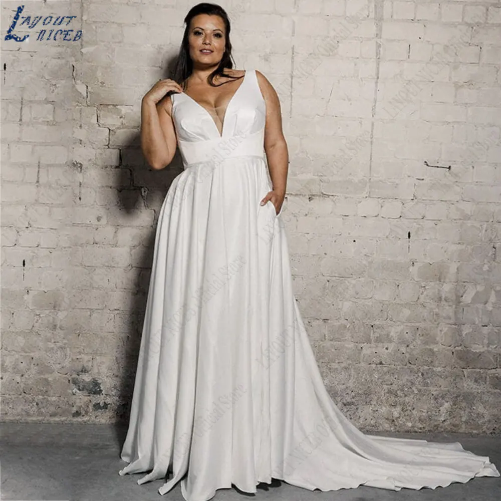 DISPOSITION NICEB-Robe de mariée en satin, col en v, ligne A, dos nu, avec boutons dans le dos, grande taille, 2024DISPOSITION NICEB-Robe de mariée en satin, col en v, ligne A, dos nu, avec boutons dans le dos, grande