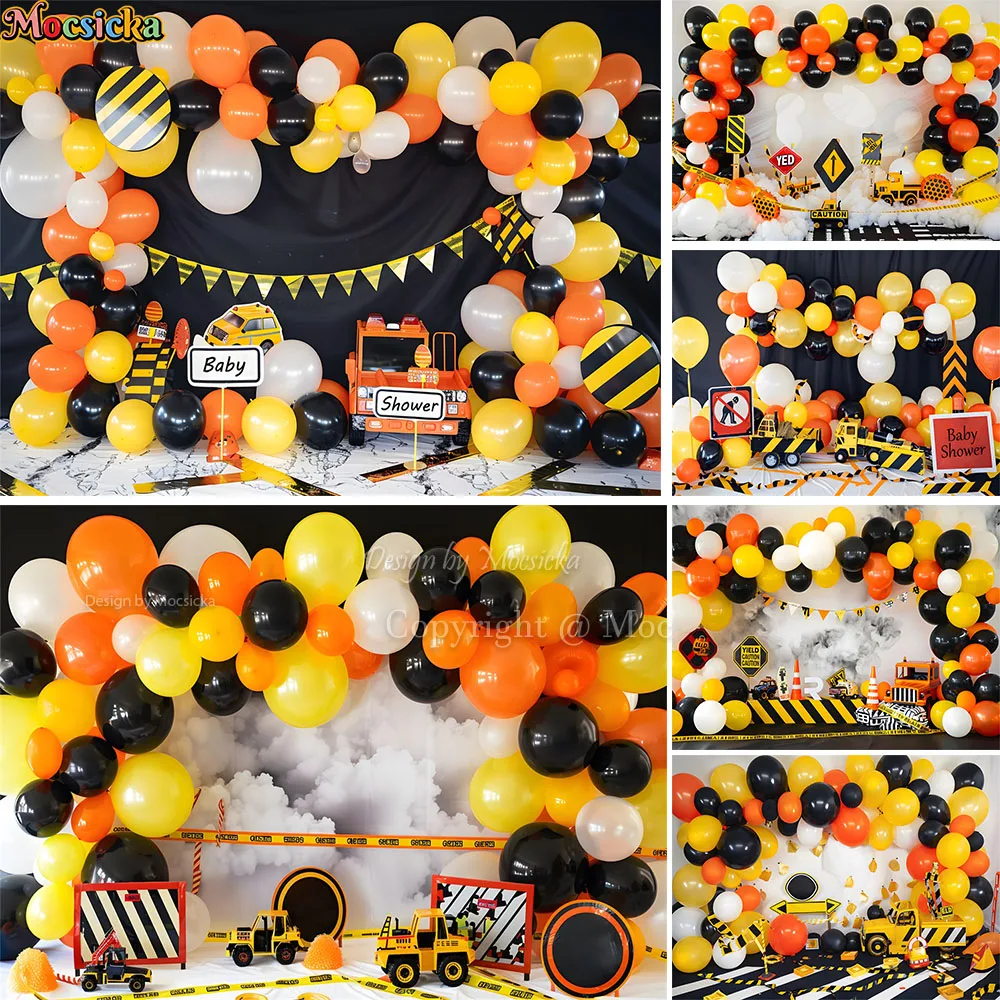 

Mocsicka Boy 1st Birthday Party Background Yellow Warning Stripe Balloon Architecture Backdrop Decor Baby Show Cake Smash Photo