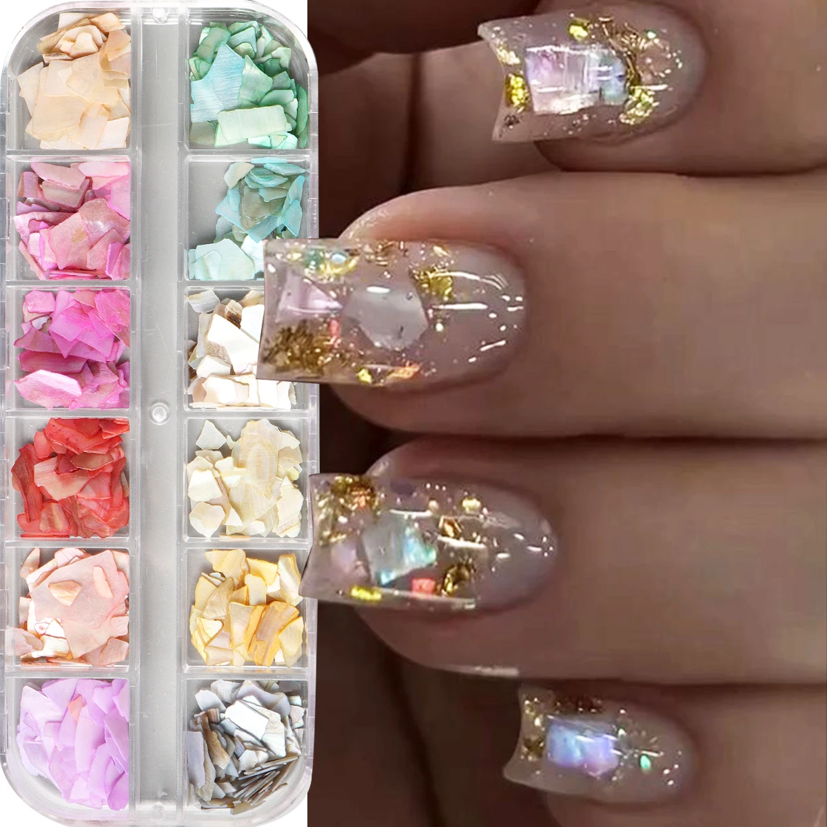12 Grids Aurora Shell Nail Glitter Flake Holographic Irregular 3D Abalone Slices Sea Shell Sequin Nail Charm Manicure Paillette