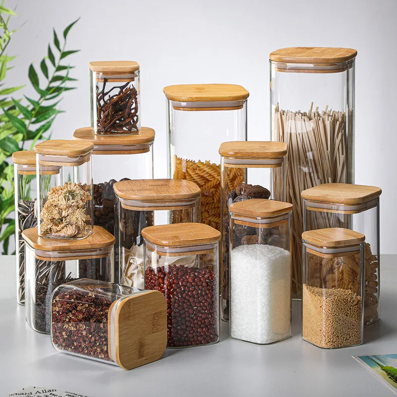 Square Sealed Glass Bottles Jars New Tea Coffee Beans Transparent Storage Boxes Candy and Snack Tins with Bamboo Lid