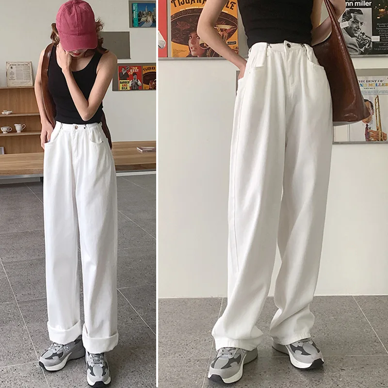 

Spring Fashion White Jeans For Women Girl Style All-Match High Waist Straight Button Chic Female Wide Leg Denim Pants Clothing