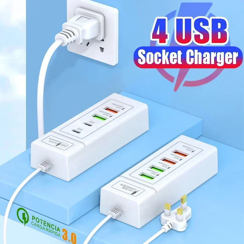 EU US Plug 4Ports Multiport USB Charger Mobile Phone Fast Charging Wall Chargers Home Office Quick USB Hub Adapter Universal