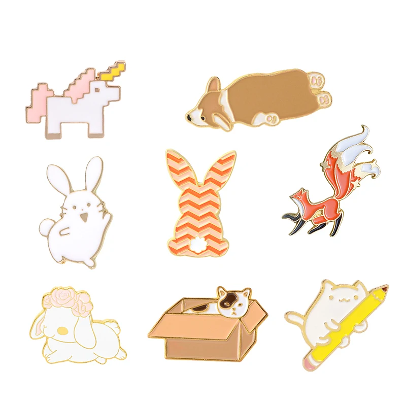 Favorite Animals Enamel Pin Lazy Corgi Nine Tailed Fox Bunny Cat Brooch Bag Lapel Pin Cartoon Badge Jewelry Gift Kids Girl