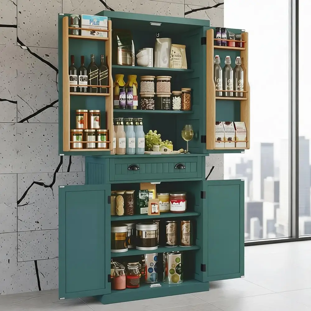 

Зеленый высокий отдельно стоящий шкаф для кладовой с двумя регулируемыми полками, ящиком и дверными полками для кухни, столовой, гостиной