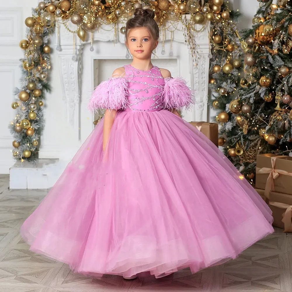 Paillettes Flower Girl Dress For Wedding 2024 Pink Feather Tulle Puffy Ball Gown Kids Birthday First comunione Party Dress