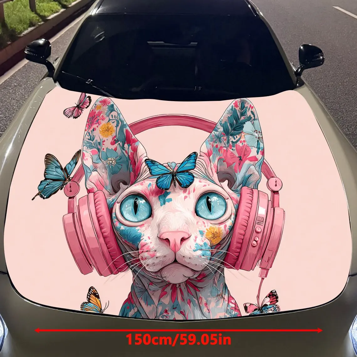 Butterfly Kitten with Pink Headphones Car Hood Vinyl Stickers Car Surface Protection Decal Car Decoration Cover Vinyl Wraps Wate