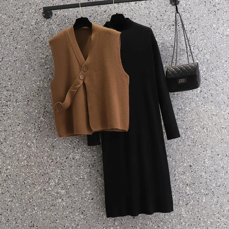 Autumn Winter Elegant Knit Two-piece Set For Women 2023 Vest Tops And Half Turtleneck Dress Female Casual Large Size Black Suits