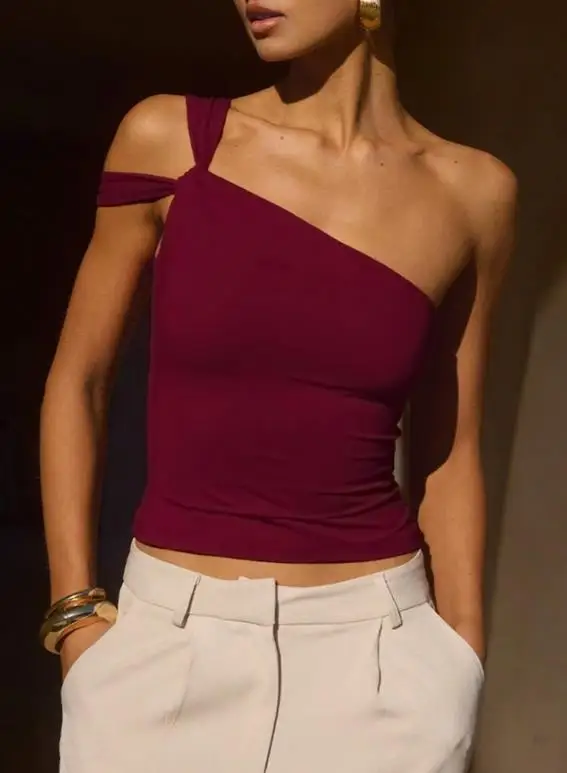 

Retro High-End Single Shoulder Twisted Chest Top, Women's Fashion Temperament Short Top