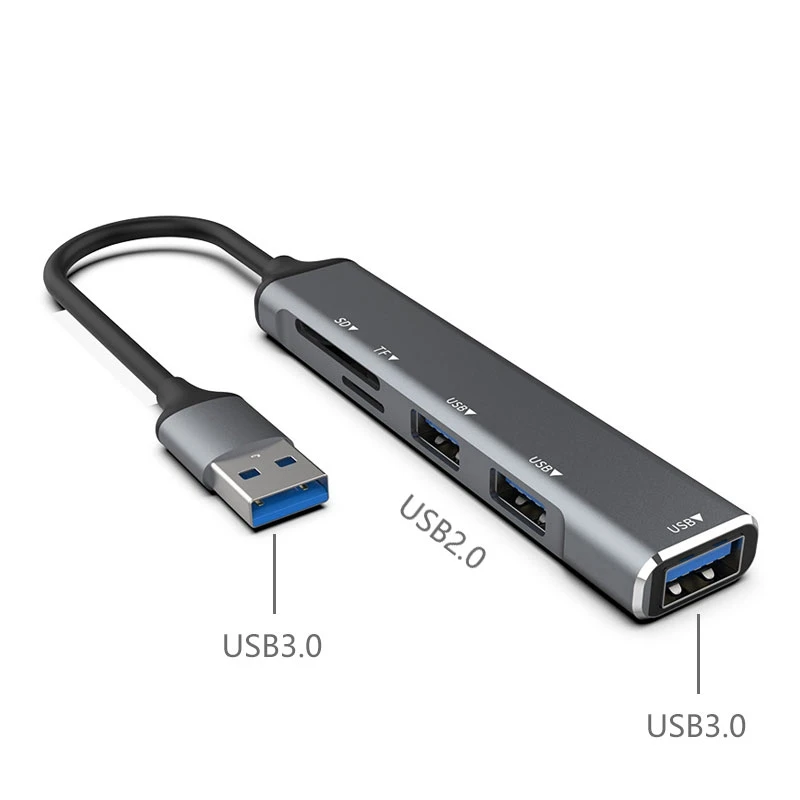 USB HUB 3.0 USB-A Hub Splitter 5 Port USB3.0 مع قارئ بطاقات TF/SD نقل البيانات عالي السرعة للكمبيوتر المحمول سهل الاستخدام أ