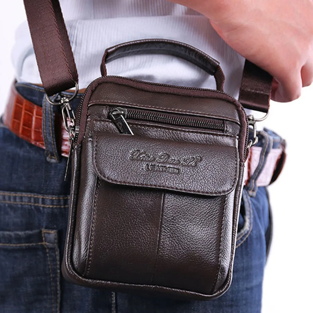 Men Genuine Leather Cowhide Small Shoulder Messenger Bags Cross Body Mobile Phone Pocket Hand Bag Belt Waist Pack Fanny Purse